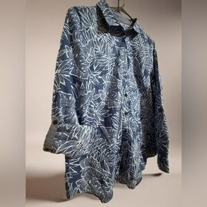 Tommy Hilfiger Relaxed Fit Women Blue Tropical Printed Button Up Shirt Sz Large